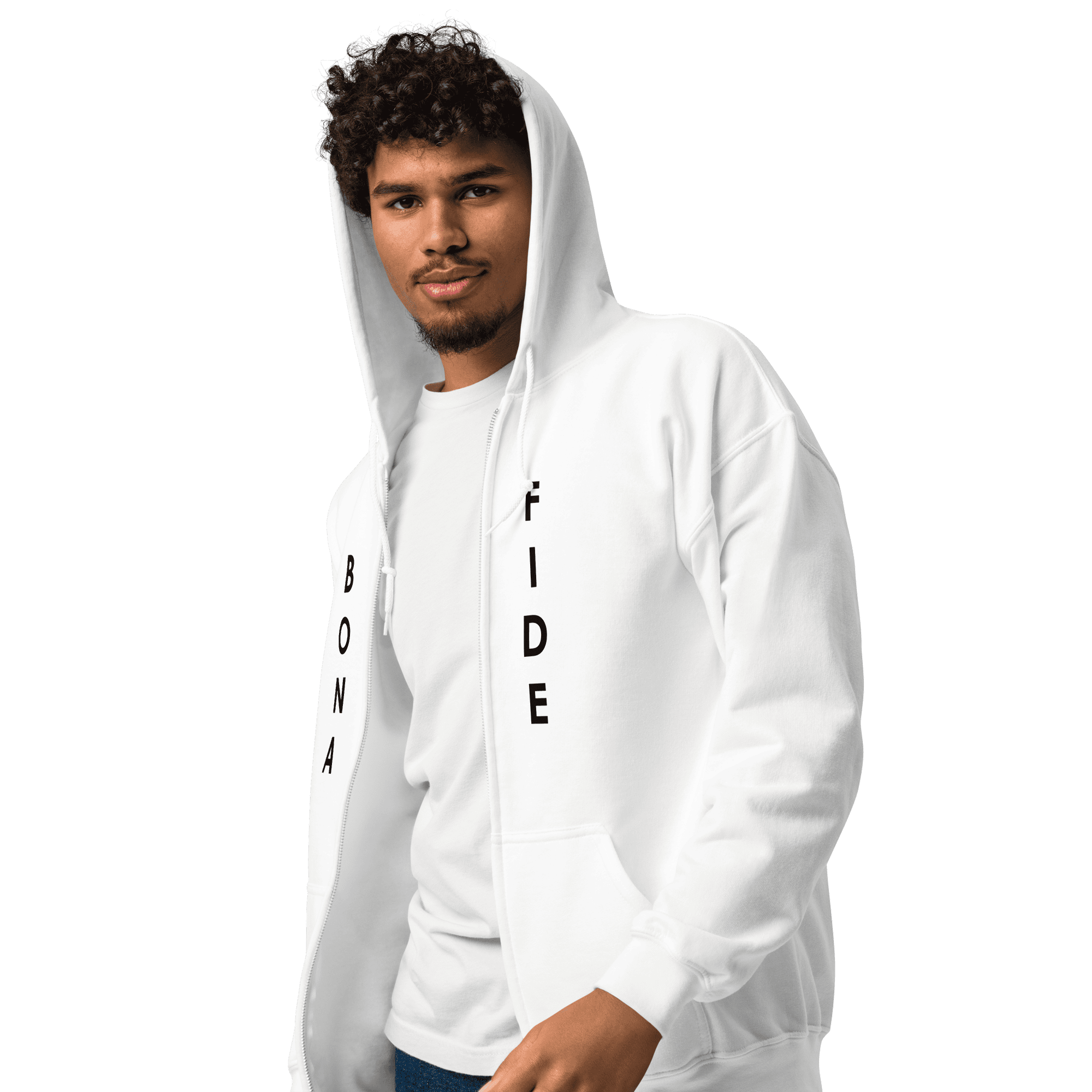 a man wearing a white hoodie