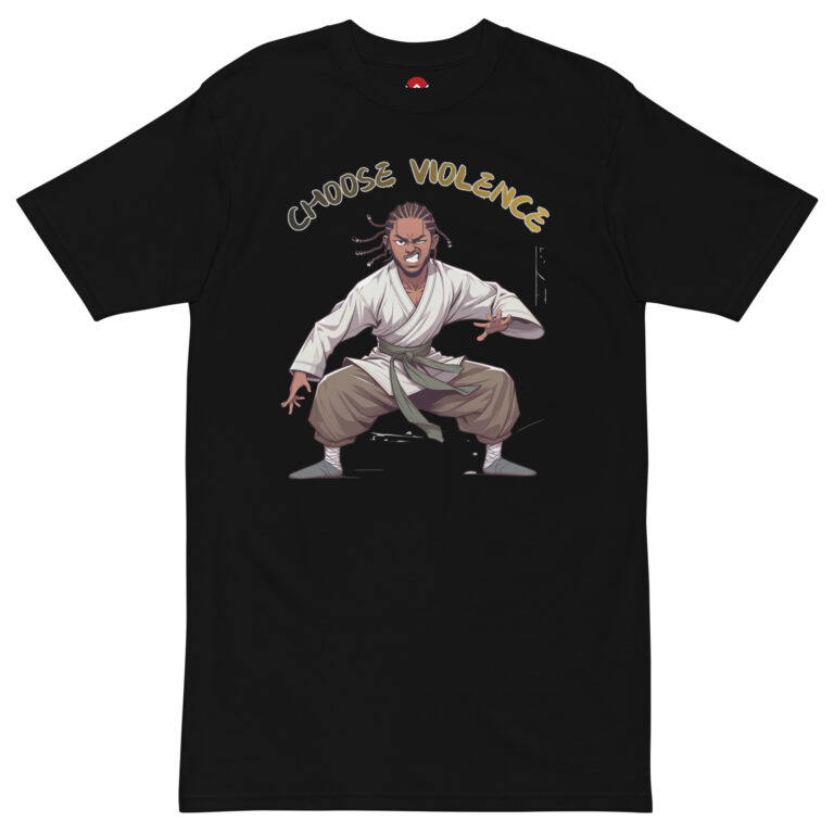 Bella+Canvas unisex t-shirt featuring anime-style kung-fu fighter caricature with arched “Choose Violence” lettering