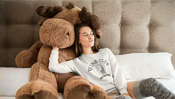 womens sweatshirt, "wine club" with big stuffed animal